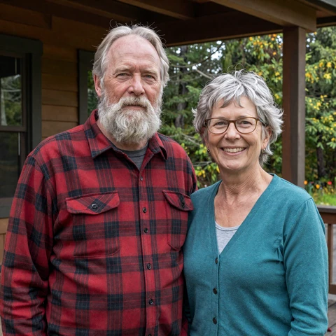 Frank and Patricia, a retired couple in their sixties, standing outside their Oregon cabin renovation project after meeting on LiliDate