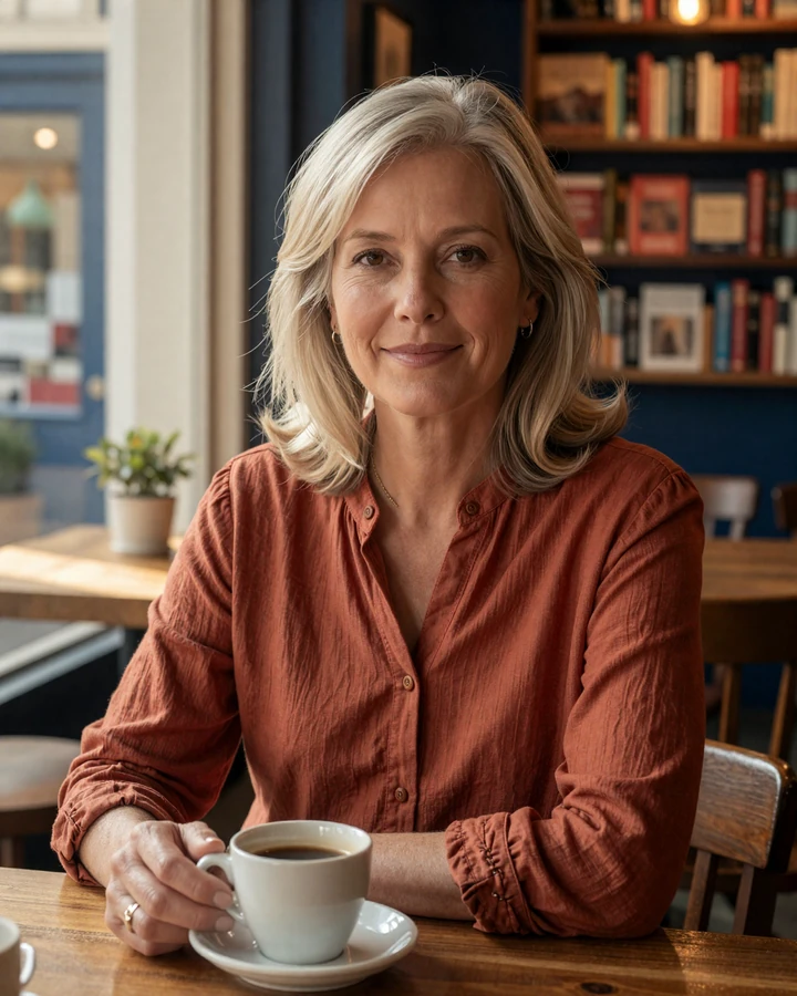 Eleanor, a warmly smiling woman in her mid-fifties enjoying coffee at a cozy cafe, representing the genuine LiliDate community for mature dating over 50