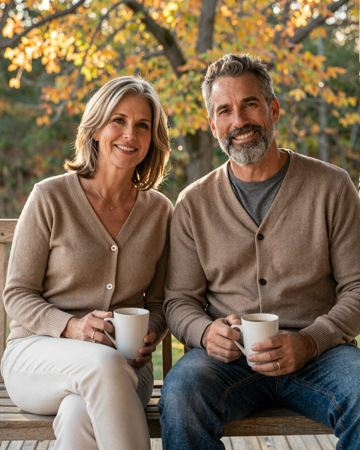 Margaret and David, a smiling LiliDate couple in their late fifties, sharing coffee on a porch swing during their first autumn together
