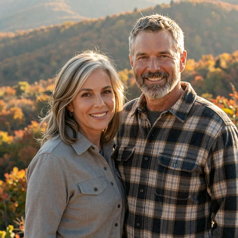 Margaret and David, a happy LiliDate couple in their late fifties, hiking together on a Blue Ridge Parkway overlook in autumn