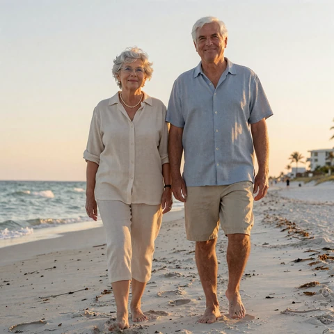 Ellen and Raymond, a retired LiliDate couple in their mid sixties, walking barefoot along a Sarasota Florida beach at sunset