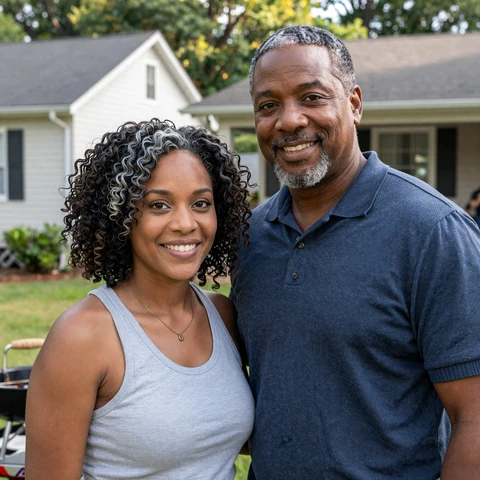Sandra and Curtis, a happy African American LiliDate couple in their early fifties, hosting a backyard barbecue together in Atlanta Georgia