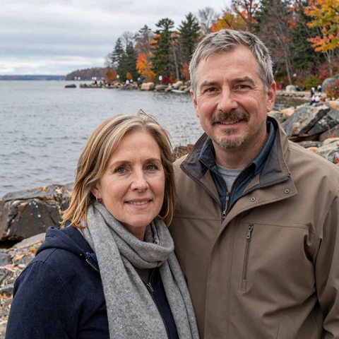 Karen and Michael, a thoughtful LiliDate couple in their late fifties, standing together on a Lake Superior shoreline in late autumn