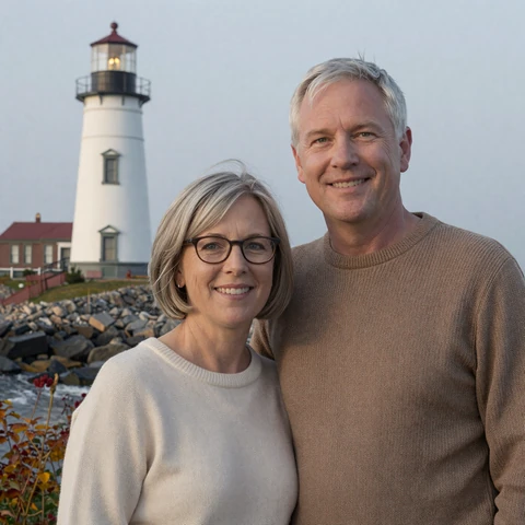 Lorraine and Patrick, a retired LiliDate couple in their early sixties, standing near a Cape Elizabeth Maine lighthouse on a misty morning