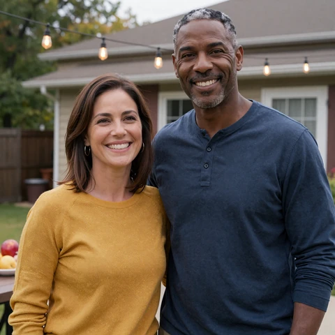 Marcus and Linda, a joyful couple in their early fifties, hosting a backyard BBQ in Naperville Illinois after connecting on LiliDate
