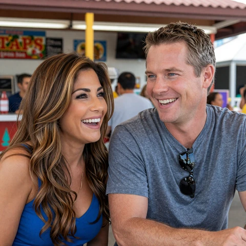 Theresa and James, a relaxed LiliDate couple in their early fifties, laughing together at a casual Austin breakfast taco stand