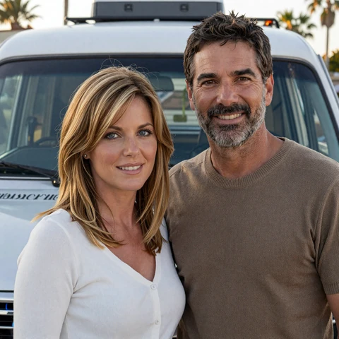 Diane and Anthony, an active LiliDate couple in their late forties and early fifties, posing beside their camper van at a San Diego coastal park