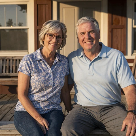 Joanne and Walter, a Midwestern LiliDate couple in their early sixties, sitting together on the front porch of their Iowa farmhouse at golden hour
