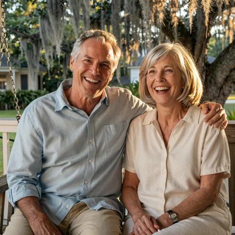 Robert and Diane, a happy couple in their late fifties, sharing a porch swing in Charleston after meeting on LiliDate